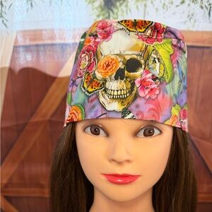 Floral Skull Print Scrub Cap - Pink Purple Multi